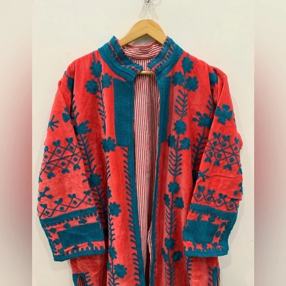 Orange Velvet Suzani Long Jacket - Picture 2 of 8